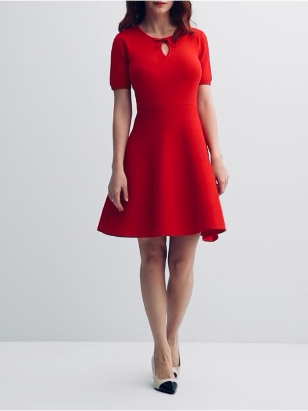 Red Short Sleeve Fit and Flare Dress with Bow Neck Detail